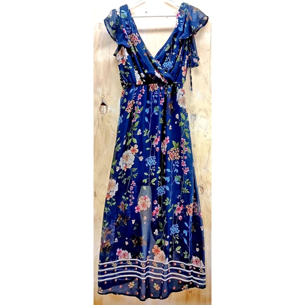 Homemade Sleeveless Blue with Pink Floral Printed Sun Dress Waist 24-25